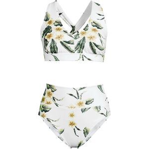 Land's End Tugless Midkini high leg high waist bottoms white plumeria floral Var
